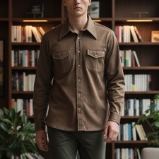 Vintage 70s Kings Road Sears Button Mens L Brown Polyester Contrast Stitching