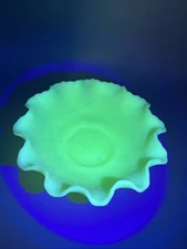 Vintage Fenton Satin Yellow Ruffled Custard Glass Cherry 8" Bowl - It Glows