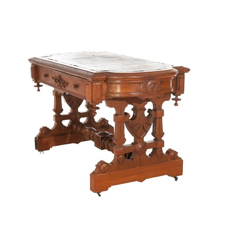 Antique Victorian Renaissance Revival Carved Walnut Trestle Form Desk C1890 - Image 4 of 4