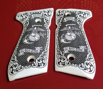 Beretta 92 92FS 96 custom ivory 3D engraved grips Marines Scroll