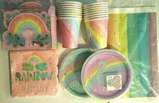 MAGICAL RAINBOW Birthday Party Supply Decoration Kit w/Table Cover & Invitations