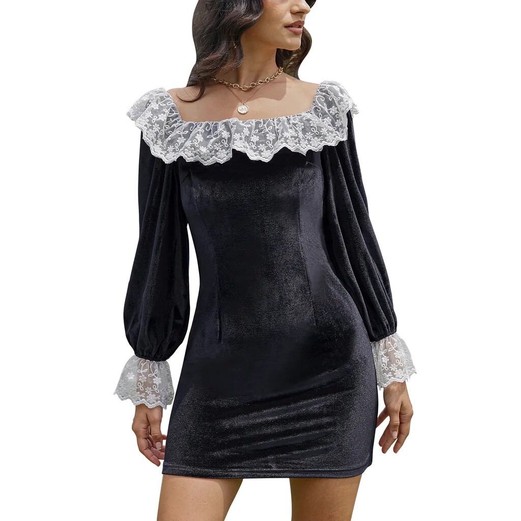 Women's velvet lace Ruffle Bodycon Square Neck black Victorian mini dress size S | eBay Women's velvet lace Ruffle Bodycon Square Neck black Victorian mini dress size S | eBay
