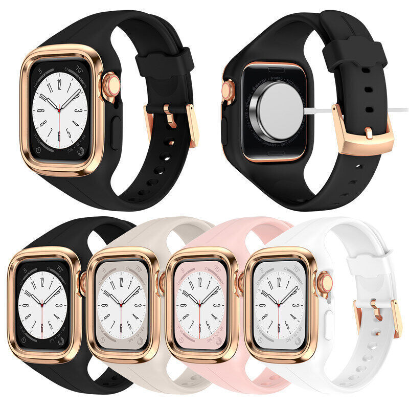 40/41mm Fr Apple Watch 8 7 6 Stainless Steel Bezel Mod Case+Liquid Silicone Band