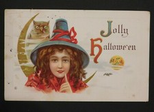 1914 Halloween Postcard with Young Witch, Owl, Moon, Bat, Springfield, Maine