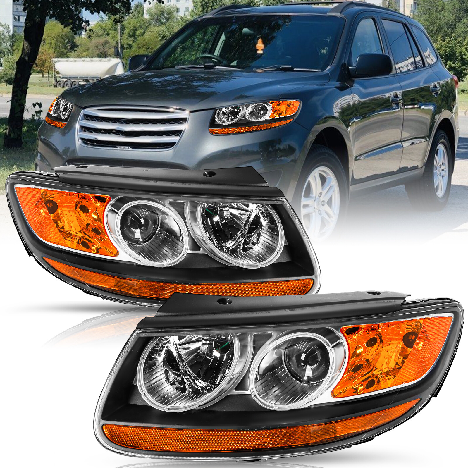 For 2007-2012 Hyundai Santa Fe 6pin Halogen Headlights Headlamps Assembly LH+RH