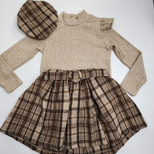 Girls 3 Piece Brown Plaid Paris Fashion Turtleneck, Beret, & Skirt Outfit Size 6