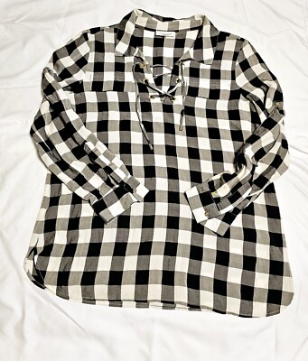 Calvin Klein Womens Blouse Sz Med. Long Sleeve Blk & Wht Plaid Gold Hardware