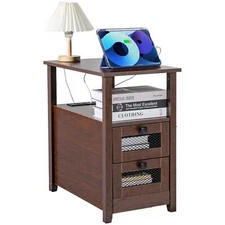 Farmhouse 4 Tiers End Table Narrow Night Stand with USB Ports and Outlets