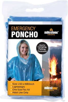 Milestone Camping Notfall blau Regenponcho mit Kapuze wiederverwendbar mit Tragetasche