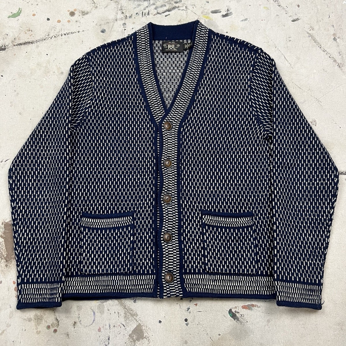 RRL Ralph Lauren Indigo Jacquard Wool Blend V Neck Cardigan