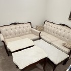 Traditional Beige Tufted Sofa Set, Floral Fabric, Wood Trim, Rolled Arms — photo 1