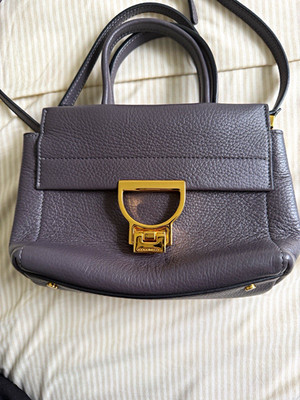 Coccinelle Gray Pebbled Top Handle Satchel Turn Lock Detachable Strap Gold