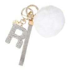 Initial Letter R Keychain with Pom and Rhinestone Wristlet, White