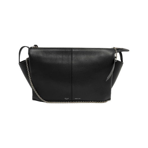 Auth CELINE Tri-fold Black Leather Medium Fringe Chain Pouch Shoulder Crossbody