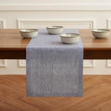 Linen Table Runner 72 Inches Long - Narrow Stripe, 100% Pure Linen Navy and W...