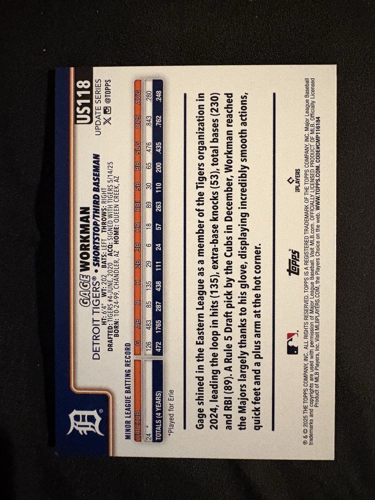 2025 Topps Update Gage Workman RC Sand Glitter US118 Detroit Tigers