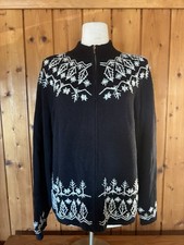 Vintage Women  s Beaded Snowflake Knitted Cardigan Black Full Zip Size M Petite
