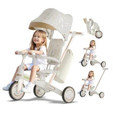 9-in-1 Foldable Kids Tricycle with Push Handle and Canopy White  