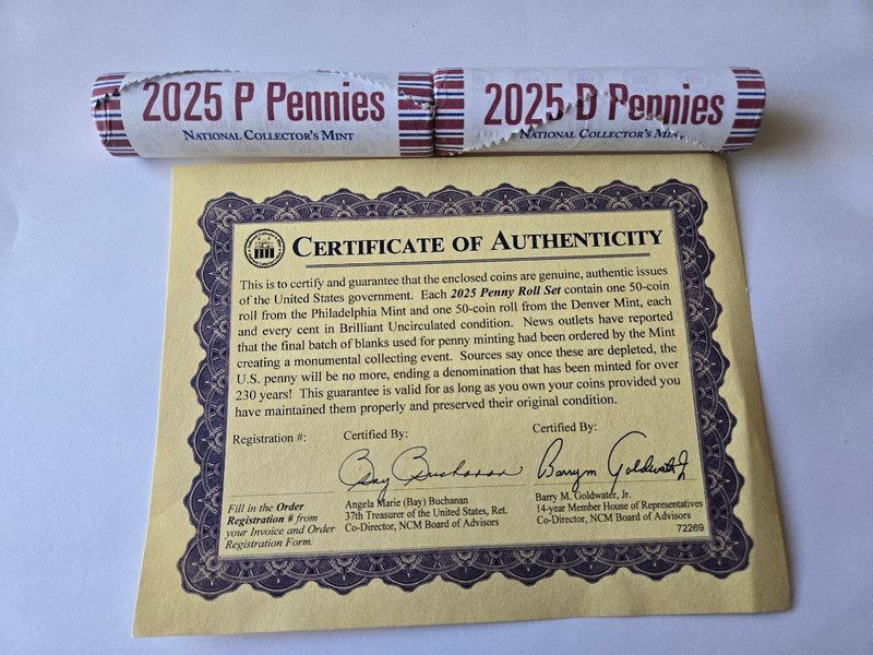 2025 P &D Set Lincoln Cent Penny Rolls BU Uncirculated W/COA Last year of produc
