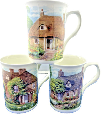 Cottages SET OF THREE Different, FINE BONE CHINA MUGS ENGLISH MADE   NEW UNUSED