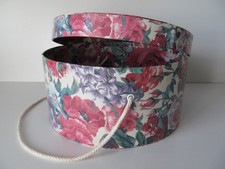 Vintage Round Hat Box w/Lid Cord Handle Victorian Floral Print Storage Container