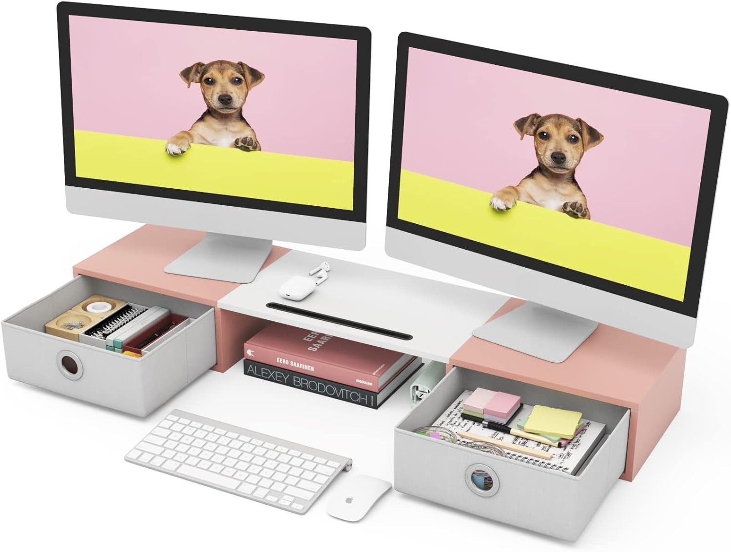 Dual Monitor Stand Riser with Two Drawers, Extra Large Storage for 2 Monitors