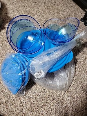 NEW Tupperware 5PC Sheerly Elegant Bowls Clear & Blue 2-1/2 c 3.2L, Tongs Set