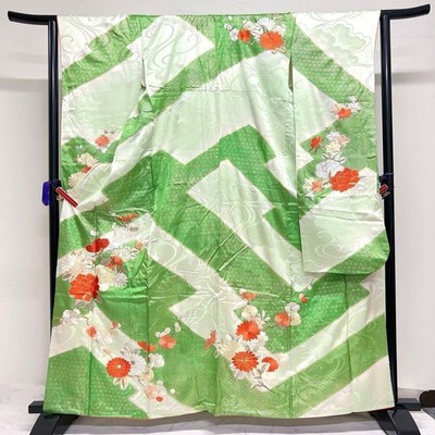 Japanischer Kimono Furisode Gold Stück Stickerei Pfingstrose Chrysantheme Pfl...