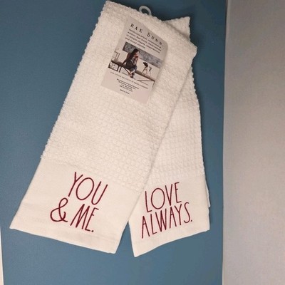  Rae Dunn Kitchen 2 Towel Set Valentines Day  ''You & Me'' & ''Love Always''
