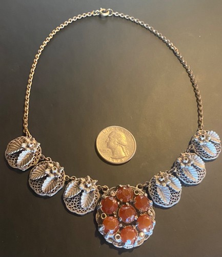 Antique Filigree Necklace Faceted Carnelian Glass/Stone Floral Gold Silver Tone - Picture 3 of 24