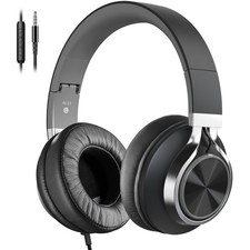 Wired Over Ear Headphones Corded Stereo Headset Microphone Volume Black Grey