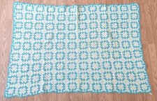 Vintage Granny Square Crochet Lap Blanket Blue White Couch Throw Afghan 51x34