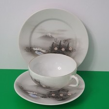 Japanese Trio tea cups Saucer Plate made of shellP orcelain. Hand-painted