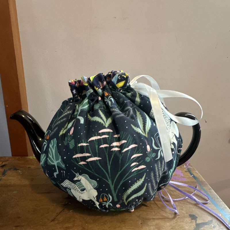 Reversible Drawstring Tea Cozy Fabric Multicolor Unicorn Stars Rainbows Print