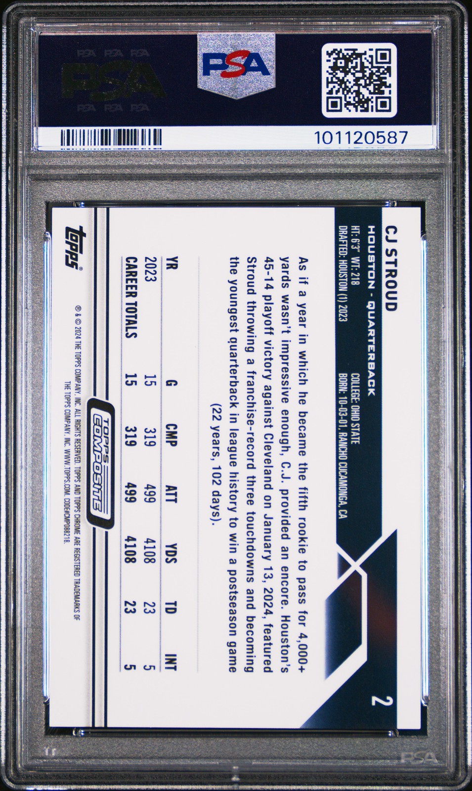 2023 Topps Composite #2 CJ Stroud Topps Chrome Pink Refractor /399 PSA 10 view 2