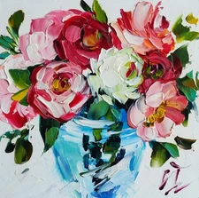 original oil painting Rose colorful flowers vase artwork Floral wall art 6*6 in