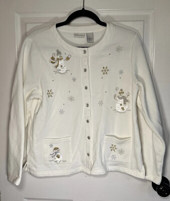 Kim Rogers Women's Vintage Snowman Pearl Snap Cardigan Petite PL Cozy Soft