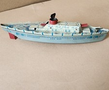VINTAGE ORIGINAL 1930s TIN WOLVERINE WIND UP TOY BATTLESHIP MADE IN USA WORKS