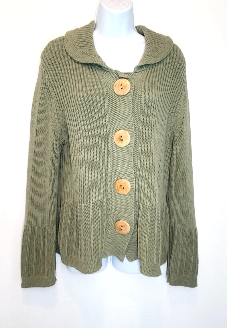 North Style Cardigan Sweater Cable Knit Green Flutter Hem Cuffs Women s LARGE