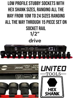 United Tools 1/2"Dr Hex Shank Stubby Short Impact Socket Set 15-Piece 10-24mm