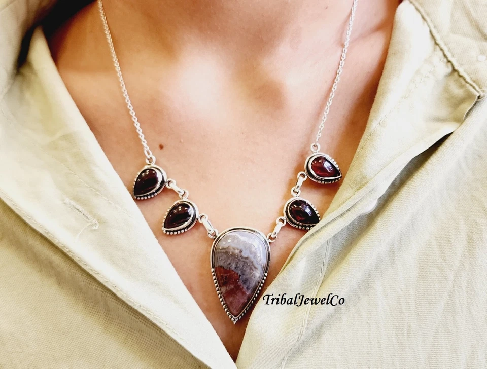 925纯银疯狂花边玛瑙带石榴石Cabuchon项链声明礼物 — 第 4/4 张图片