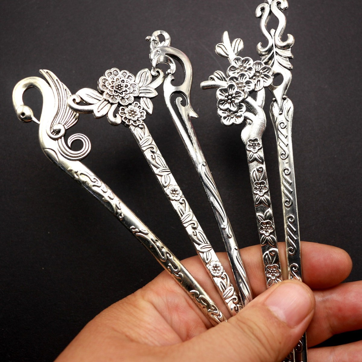 5 Pcs Tibet Silver Metal Hair Forks Traditional Hair Stick