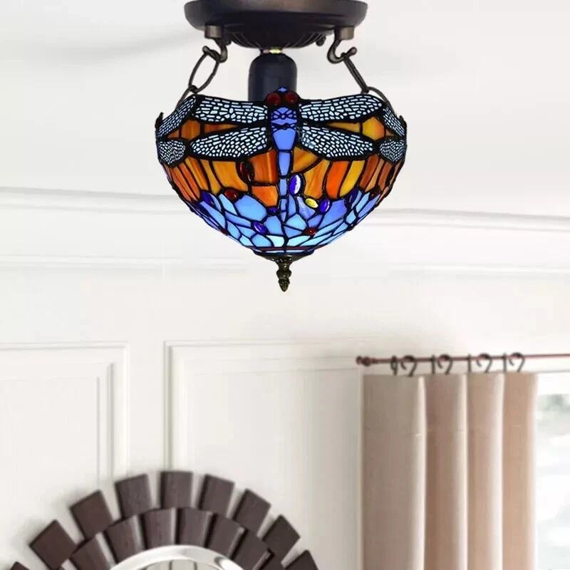 Image Tiffany Dragonfly Style Ceiling Lamp 10 inch Multicolored Stained Glass Shade