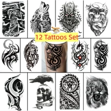 Set of 12 - Waterproof Temporary Fake Tattoo Stickers Tiger Wolf Arm & Body Art