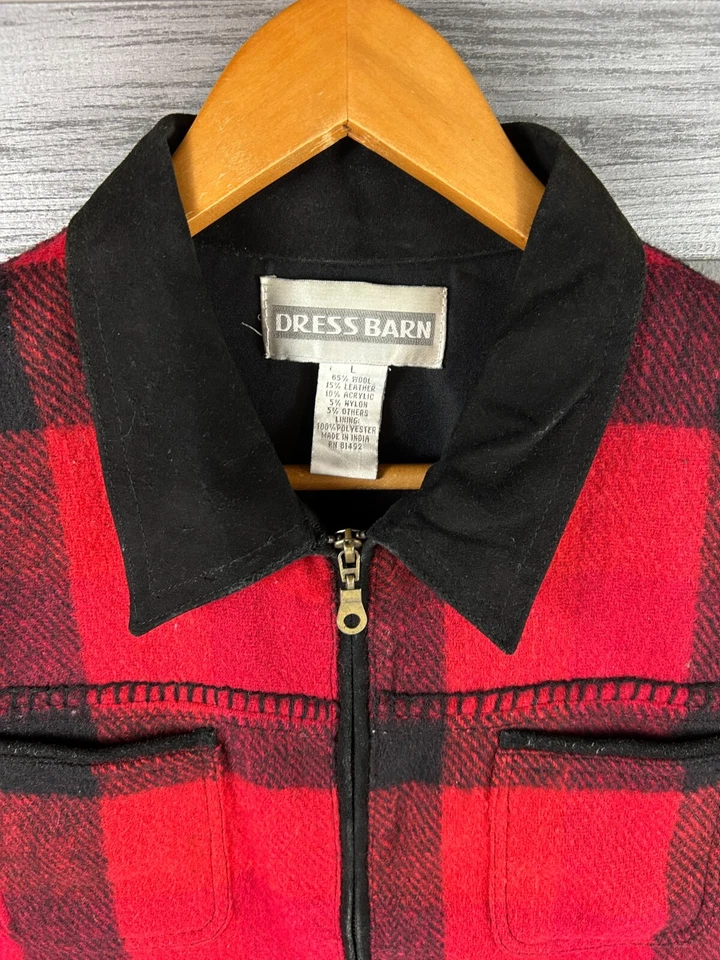 Chaleco chaqueta vintage Dressbarn lana/cuero rojo a cuadros cremallera completa para mujer L Foto 2 de 4