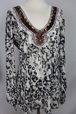Damen Sommer Tunika Oberteil Leoprint Perlenstickerei von MODERN TIMES Gr.40,42