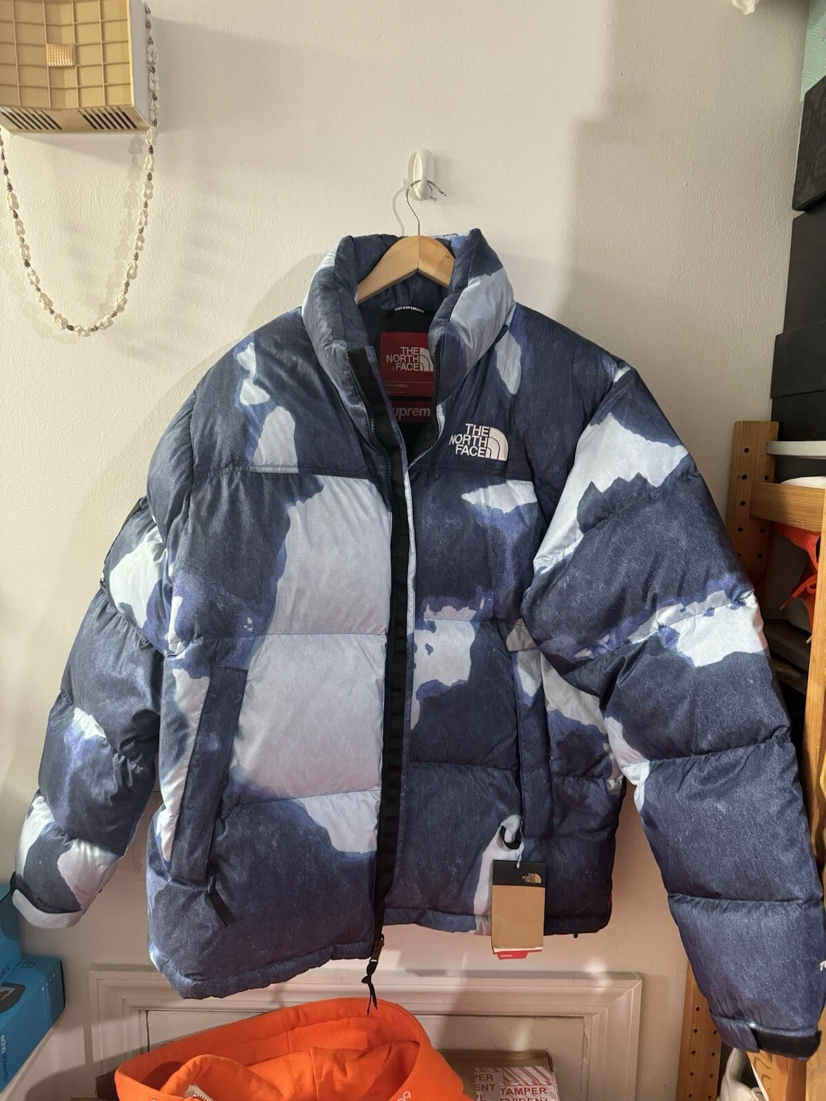 Veste homme Supreme North Face imprimé denim blanchi Nuptse taille XL