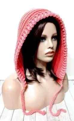 crochet womans handmade pixie hood hat scoodie sea coral USA