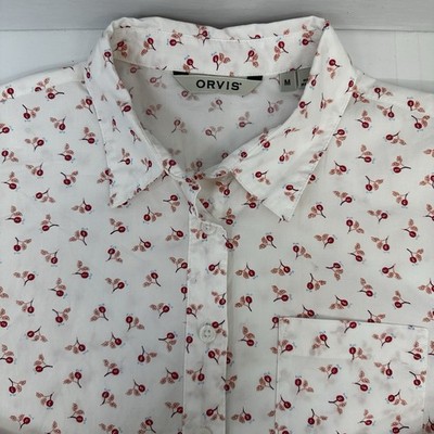 Orvis Womans Floral Button Front Shirt  Ivory Pink Botanical Print Cotton M READ