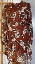 DAVI & DANI Floral Babydoll Dress Sz S Ruffles Rustic Brown Pleated Mini Boho